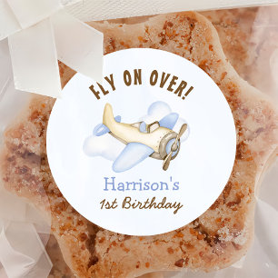 Niedlich Boy's Airplane Thema 1. Geburtstag Party Runder Aufkleber