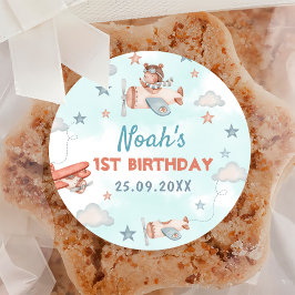 Niedlich Boy's Airplane Thema 1. Geburtstag Party Runder Aufkleber