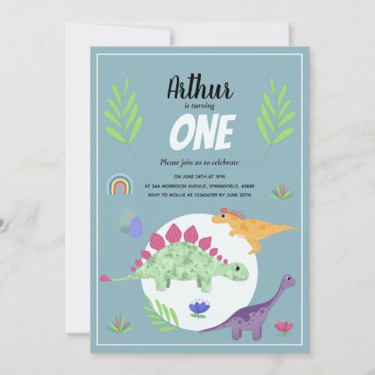 Niedlich Boys Blue T-Rex Dinosaur Jungle 1. Geburt Einladung (Vorderseite)