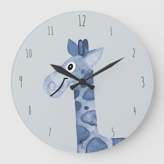 Niedlich Boy's Blue Watercolor Giraffe Safari Kind Große Wanduhr (Vorderseite)