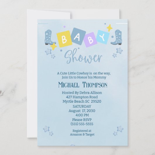 Niedlich Boys Cowboy Baby Dusche Einladung (Vorderseite)