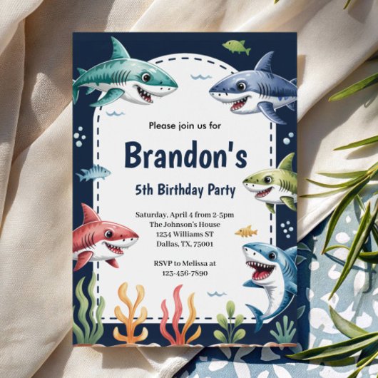 Niedlich Boys Watercolor Shark Birthday Party Einladung