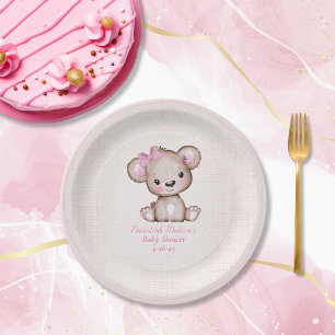 Niedlich-Braunbär-Girl Kariert-rosa Papierplatte Pappteller