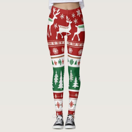 Niedlich Bright Red Green Christmas Sweater Muster Leggings (Vorderseite)