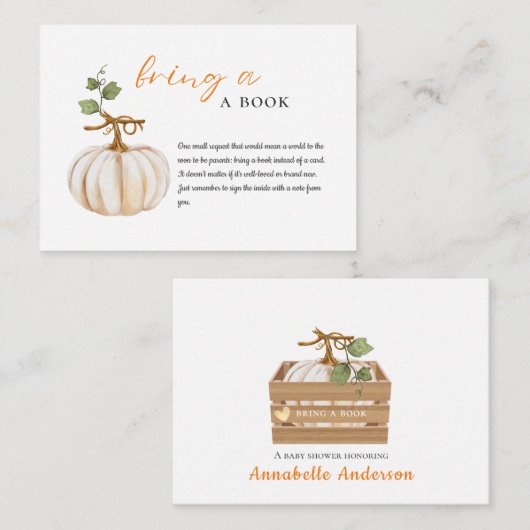 Niedlich bringen Sie ein Buch Pumpkin Baby Shower Begleitkarte (Vorne/Hinten)