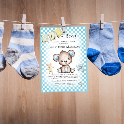 Niedlich Brown Bear Baby Boy Picnic Babydusche Einladung