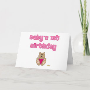 Niedlich Brown Bear Pink Bib Baby's 1. Geburtstag Karte