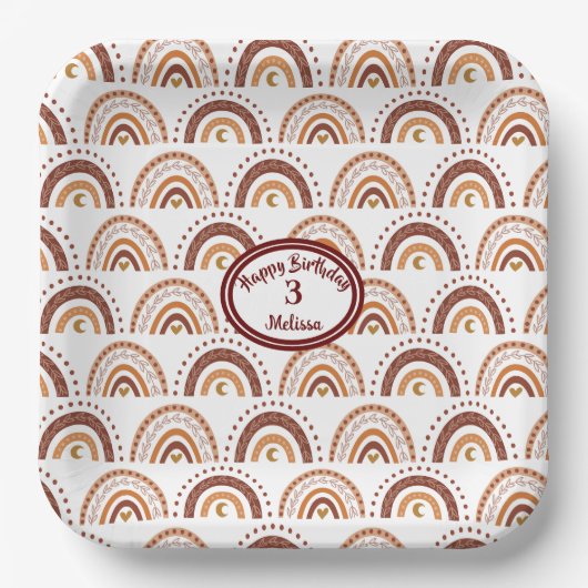 Niedlich Brown Boho Rainbow Whimsisches Muster Pappteller (Vorderseite)