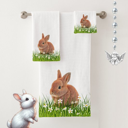 Niedlich Brown Bunny & Blume auf Weiß Badhandtuch Set