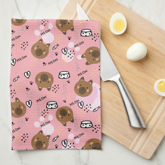 Niedlich Brown Cat Pattern Geschirrtuch (Viertel Falte)