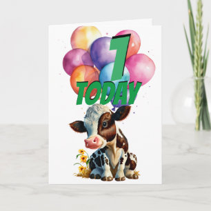 Niedlich Brown Cow 1st Birthday Balloons Card Karte