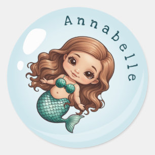 Niedlich Brown Hair and Eyes Mermaid personalisier Runder Aufkleber
