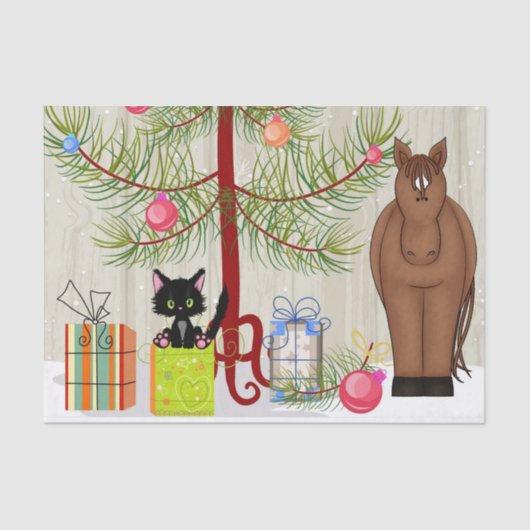 Niedlich Brown Horn und Kitten Barn Weihnachtsurla Seidenpapier (Vorderseite)