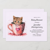 Niedlich Brown Kitten in einer Teacup Baby Dusche Einladung (Vorne/Hinten)