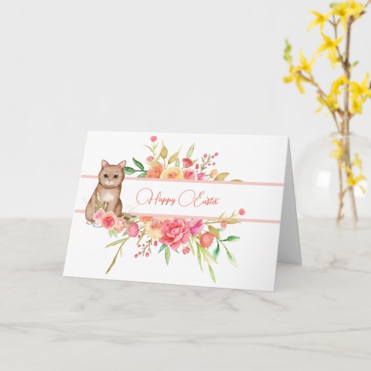 Niedlich Brown Kitty mit rosa Blume Osterkarte Karte (Gelbe Blume)
