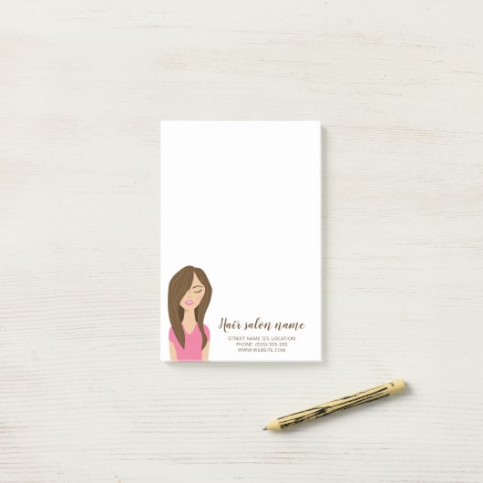 Niedlich Brown Long Hair Girl Illustration Salon Post-it Klebezettel (Auf Schreibtisch)