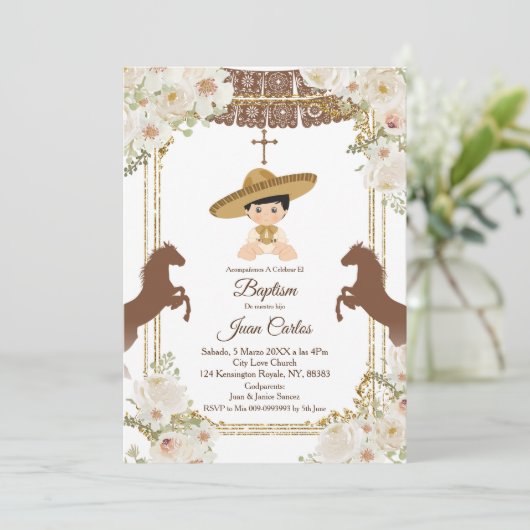 Niedlich Brown Mexican Boy Horse Baptisse Einladung (Stehend Vorderseite)