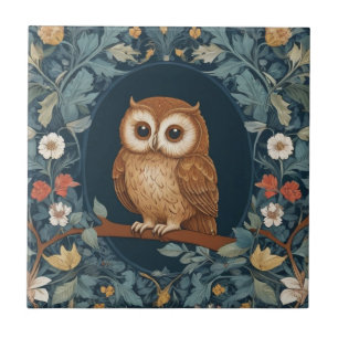 Niedlich Brown Owl Dark Blauer Blumenstrauß Blume Fliese