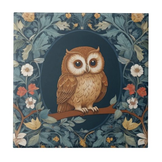 Niedlich Brown Owl Dark Blue Spring Summer Blume Fliese (Vorderseite)