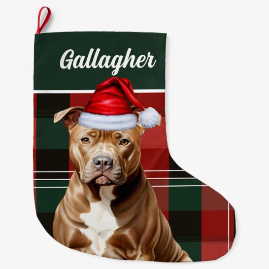 Niedlich Brown Pitbull Dog Red Green Kariert Custo Großer Weihnachtsstrumpf (Vorderseite)