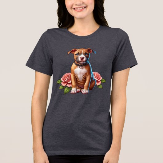 Niedlich Brown Puppy mit Rose Tri-Blend Shirt (Vorderseite)