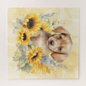 Niedlich Brown Puppy Yellow Sunflower Wasserfarbe Puzzle (Horizontal)