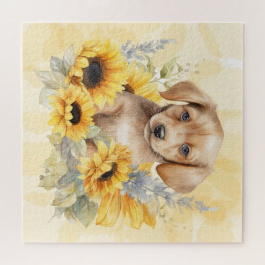 Niedlich Brown Puppy Yellow Sunflower Wasserfarbe Puzzle (Horizontal)