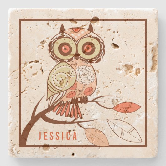 Niedlich-Brown- und Beige-Owl-Illustration Steinuntersetzer (Vorderseite)