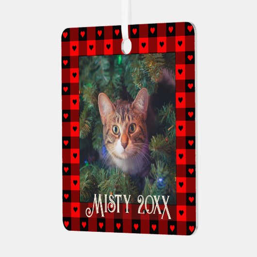 Niedlich Buffalo Kariert Hearts Custom Cat Weihnac Ornament Aus Metall (Vorderseite links)