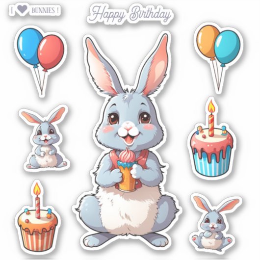 Niedlich Bunnies Happy Birthday Stickers Aufkleber (Vorderseite)