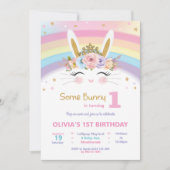 Niedlich Bunny 1. Geburtstag Girls Rainbow Rabbit Einladung (Vorderseite)