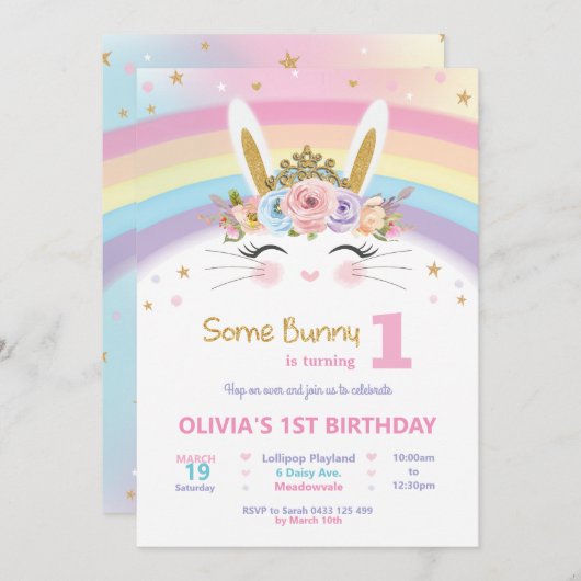 Niedlich Bunny 1. Geburtstag Girls Rainbow Rabbit Einladung (Vorne/Hinten)