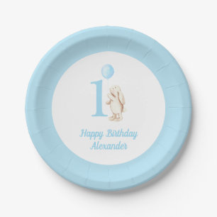 Niedlich Bunny & Balloon Blue Happy zum 1. Geburts Pappteller