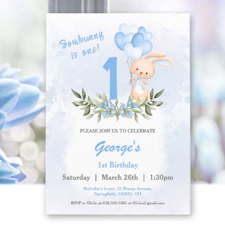 Niedlich Bunny Blue Greenery 1. Geburtstag Junge Einladung