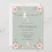 Niedlich Bunny First 1. Geburtstag Grünes Party Einladung (Vorderseite)