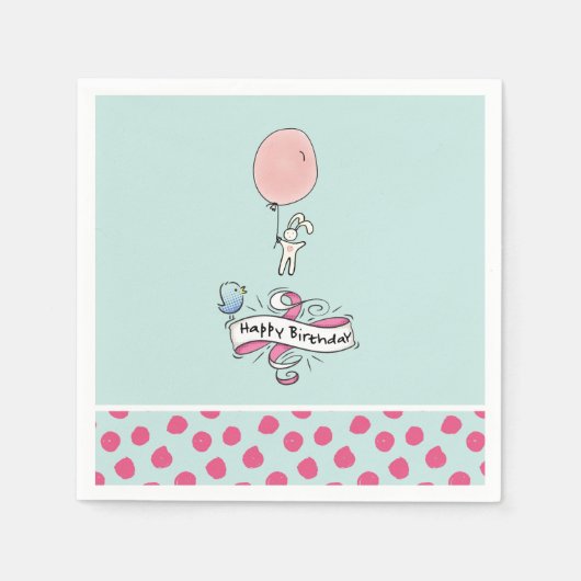 Niedlich Bunny Holding a Balloon Happy Birthday Serviette (Vorderseite)