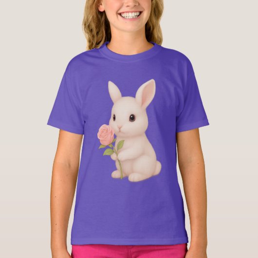 Niedlich Bunny Holding Blume Girls' T - Shirt (Vorderseite)