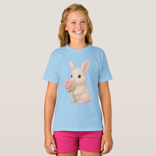 Niedlich Bunny Holding Blume Girls' T - Shirt (Vorne ganz)