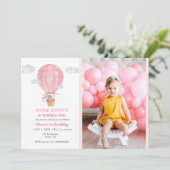 Niedlich Bunny in Heißluftballon 1. Geburtstag Einladung (Stehend Vorderseite)