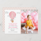 Niedlich Bunny in Heißluftballon 1. Geburtstag Einladung (Vorne/Hinten)