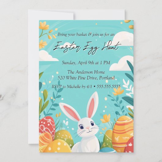 Niedlich Bunny mit Eiern Blume Ostereier Jagd Einladung (Vorderseite)