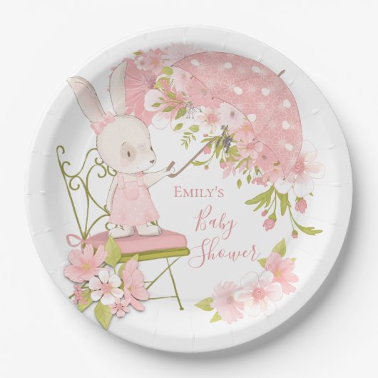 Niedlich Bunny Pink Florals Girl Baby Dusche Pappteller (Vorderseite)