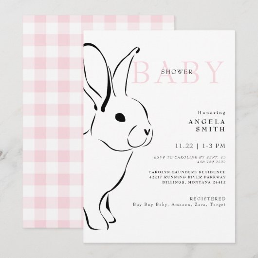 Niedlich Bunny Pink Gingham Baby Girl Dusche II Einladung (Vorne/Hinten)