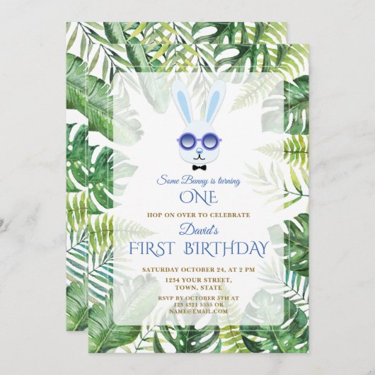 Niedlich Bunny Tropical Greenerity Junge 1. Geburt Einladung (Vorne/Hinten)
