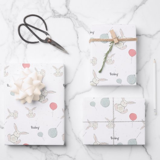 Niedlich Bunny und Balloons Baby Geschenkpapier Set (Vorderseite)