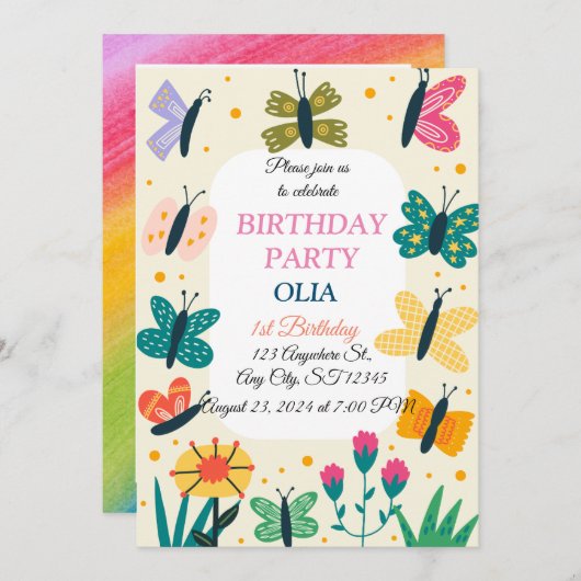 Niedlich Butterfly Einladung zum 1. Geburtstag (Vorne/Hinten)