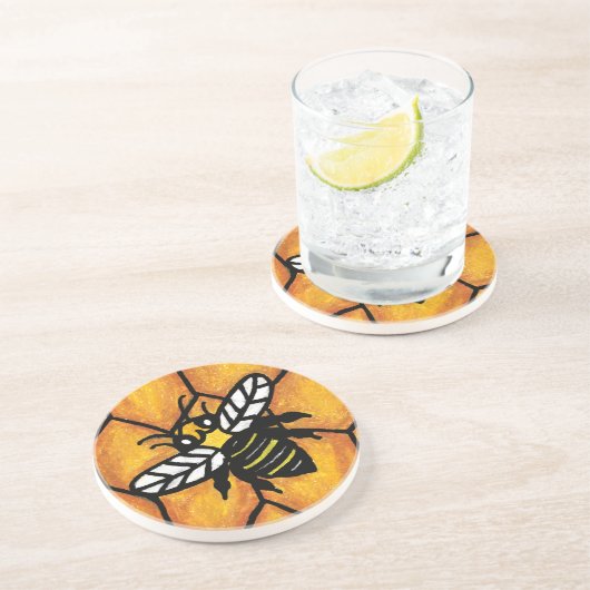 Niedlich Buzzing Yellow Jacket Bee auf Honeycomb Sandstein Untersetzer (Seite)