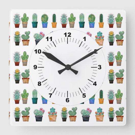 Niedlich Cactus Greenery Blume Natur Quadratische Wanduhr (Vorderseite)