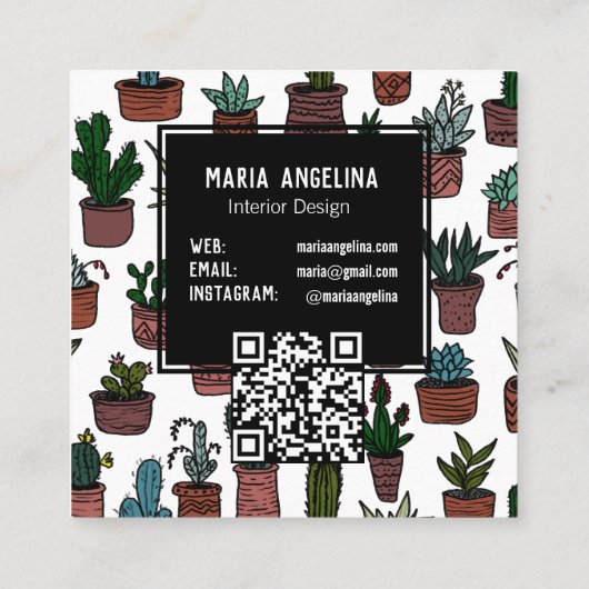 Niedlich Cactus succulents Boho Doodle QR Code CUS Quadratische Visitenkarte (Rückseite)