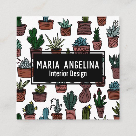 Niedlich Cactus succulents Boho Doodle QR Code CUS Quadratische Visitenkarte (Vorderseite)